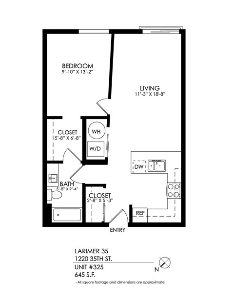 A black and white image of a floor plan for a home with a bedroom, living room, closet, bathroom, and entry.